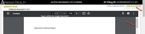 Screenshot of an evidence document with an arrow pointing to the inner scroll bar and the outer scroll bar